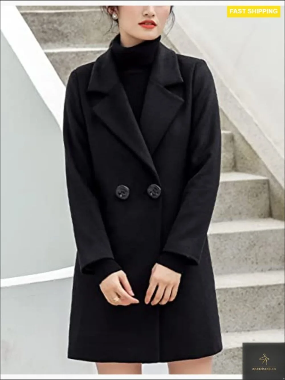 Elegant Notched Collar Wool Blend Long Pea Coat Overcoat Slim Fit Classic